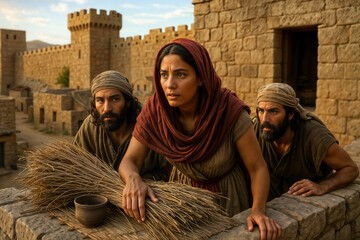 Rahab and the Spies: Rahab hiding Israelite spies on her roof in Jericho