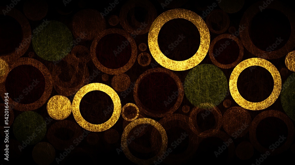 Poster golden circles array texture richness and depth dark backdrop artistic arrangement decorative.