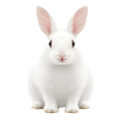 Obraz premium Adorable white rabbit with pink ears and black eyes sitting on transparent background, close-up of a cute fluffy bunny with soft fur and alert expression.