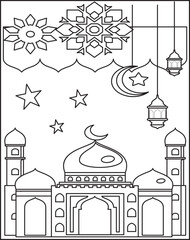 Islamic skyline illustration, Mosque architecture with birds flying, ideal coloring page, or architectural design