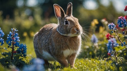 Fototapeta premium Rabbit on Green Grass Among Colorful Spring Flowers Outdoors