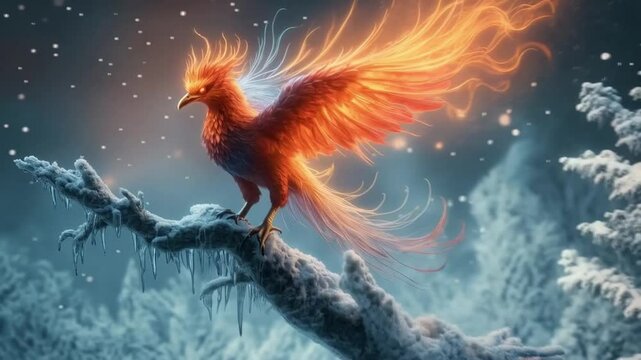 A colorful bird with a fiery tail is perched on a branch