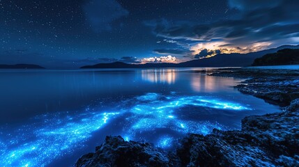 Naklejka premium Nighttime bioluminescent bay, starlit sky, and coastal landscape.