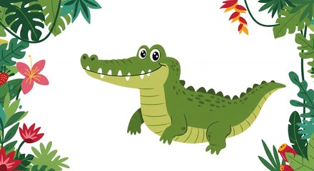 Fototapeta premium Cheerful cartoon crocodile in tropical paradise fun animal illustration for kids