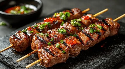 Juicy grilled beef kebabs skewered with herbs and spices served on a dark slate surface with fresh green garnish and a small bowl of dipping sauce in the background