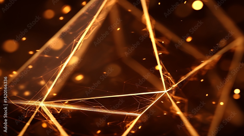 Poster golden geometric structures abstract art design shining with lights and plexus sparkle effects.