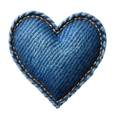 Heart-shaped denim patch. Perfect for Valentine's Day, DIY crafts, or clothing repair. Rustic charm with visible stitching. Isolated on transparent background.