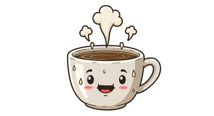 Cute cartoon coffee cup illustration steaming hot drink beverage cozy cafe design