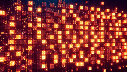 Obraz premium Futuristic High-Tech Firewall Abstract Digital Wall of Glowing Cubes