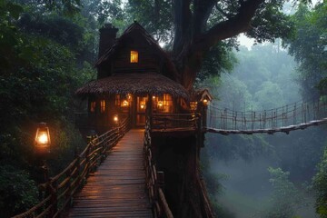 Fototapeta premium Glowing lanterns illuminate a wooden tree house connected by a rope bridge in a misty tropical rainforest at night