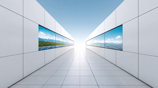 futuristic corridor with solar panel displays on both sides reflects sustainable energy concept. bright, minimalist design emphasizes innovation and eco friendly technology - Powered by Adobe