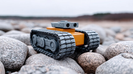 small autonomous vehicle with tank like tracks navigates rocky terrain, showcasing its capability to traverse challenging landscapes. overcast sky adds dramatic touch to scene