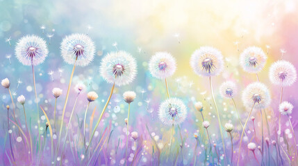 Fototapeta premium Dandelion seed puffs in a field. 