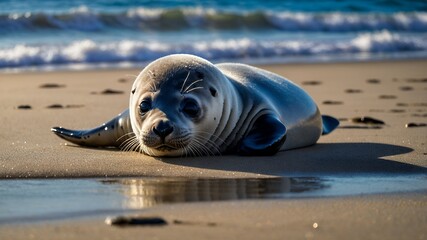 Resting seal pup lounges on sandy beach near ocean waves