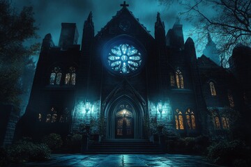 Spooky gothic church with glowing stained glass windows standing in the rain during a dark night