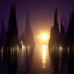 Obraz premium Golden Sun Setting over a Futuristic City Skyline Silhouette Emerging from the Water Landscape