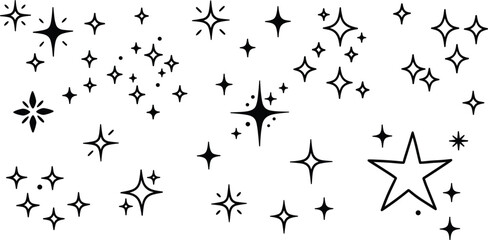 Obraz premium Twinkle star vector glitter bright magic light icon. Star twinkle glitter spark outline shine icon set. Hand drawn sketch doodle style. 
