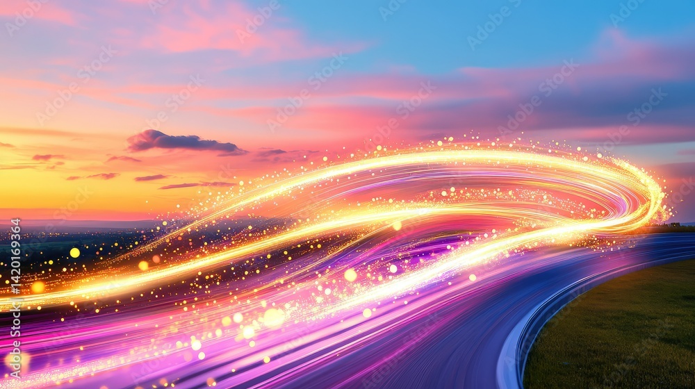 Poster speeding light trails in digital environment showing fast data transfer