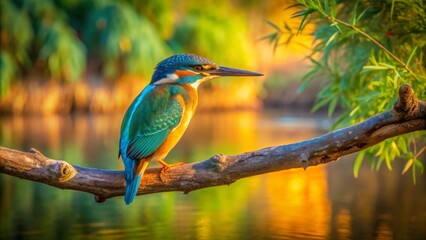 A vibrant kingfisher perched on a branch, bathed in the warm glow of the setting sun, near a tranquil body of water reflecting the golden light
