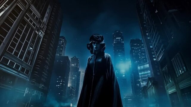 A woman in a black cloak stands in front of a city skyline