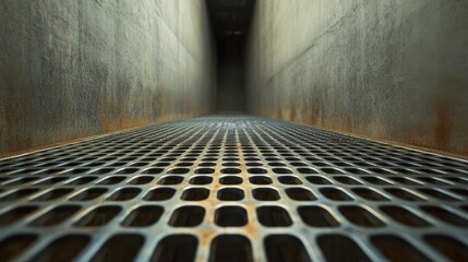 Rusty metal grating floor in narrow corridor.