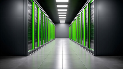 modern data center hallway with glowing green lights on server racks, reflecting futuristic and sustainable design. sleek, metallic environment emphasizes technology and innovation