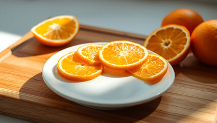 Sunlit Orange Slices on a White Plate Fresh Citrus Fruit Photography
