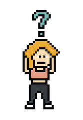 Cute pixel cartoon character woman with question mark decoration 8 bit female girl lady confused idea question mark think questionnaire choose cartoon pixel game 8bit png vector.