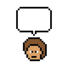 Cartoon pixel cute character man face with chat box blank decoration 8 bit male boy say speak discuss idea chat box cartoon pixel 8bit game png vector.