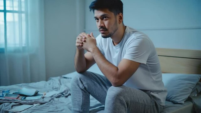 Depressed man sitting on bed at night, needing help