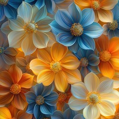 Colorful flowers in shades of blue orange and yellow arranged closely together.