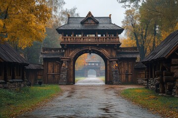 Obraz premium Wet road leading through large wooden gate to medieval village on rainy autumn day