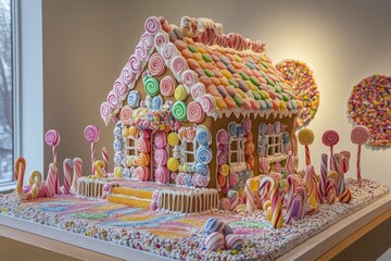 Obraz premium Colorful gingerbread house with candies and lollipops displayed on a table, creating a festive and whimsical scene