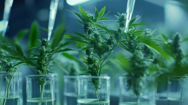 Laboratory Cannabis Cultivation: Witness the intricate process of cultivating cannabis plants in a laboratory setting, a delicate dance of science and nature. Capturing the essence of botanical study.