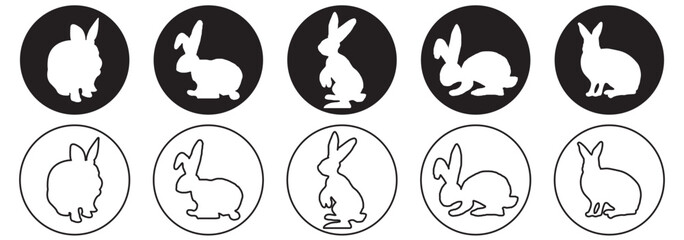 Rabbit silhouettes vector illustration, perfect for Easter, spring celebrations. Features adorable, fluffy bunnies in various poses - hopping, sitting, standing. Ideal for nature, wildlife themes 