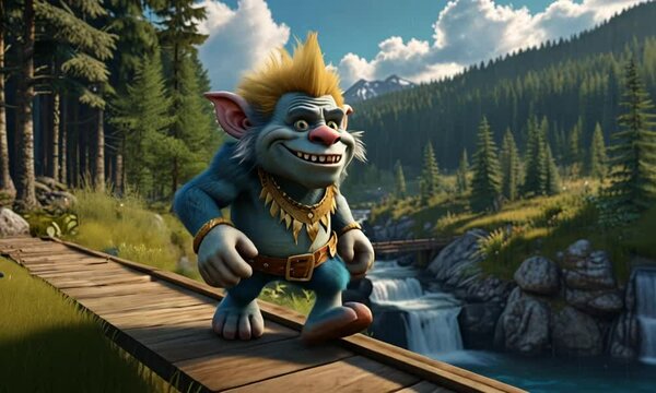 Cartoon troll walking on a wooden bridge outdoors