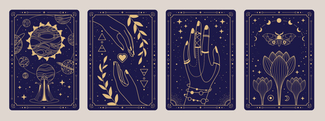 Set of Modern magic witchcraft cards with wizard, solar system, planets, hands, flowers and butterfly. Line art occult vector illustration
