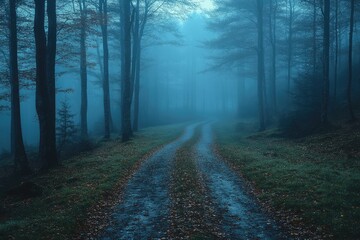 Fototapeta premium Foggy forest path with trees on both sides creating a mysterious atmosphere.