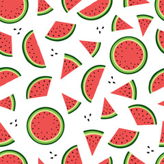 Watermelon slices on a white background have a seamless pattern. Hand-drawn vector illustration, flat design. Berry fruit, a sweet juicy summer dessert. An element for design, wrapping paper, textiles