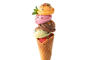 stack of colourful ice cream scoops in cone isolat on background white