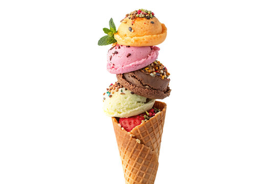 stack of colourful ice cream scoops in cone isolat on background white