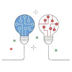 Two interconnected lightbulbs, one blue and one red, symbolizing the fusion of ideas and innovation, a minimalist line art design.