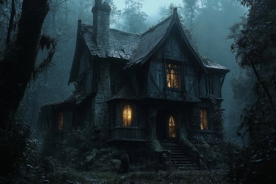 Spooky haunted house with glowing windows in a dark forest at night, creating a mysterious and eerie atmosphere