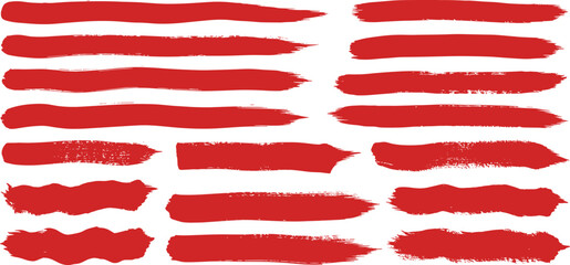 Brush texture red stroke underline highlight. Marker red pen highlight stroke. Vector hand drawn brush underline element set for accent, crayon texture emphasis effect