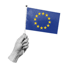 hand holding a European Union flag, retro halftone style, Europe Day illustration