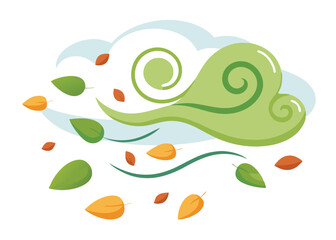 Naklejka premium Windy Sky with Flying Leaves Vector Illustration Autumn Breeze and Scattered Leaves in the Air