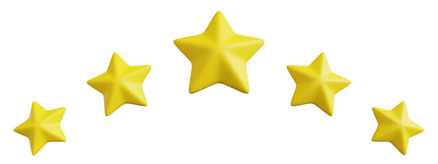 Five star rating. User feedback with five star rating. 5 yellow stars isolated on transparent background. 3d render illustration.