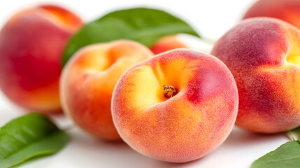 Fresh ripe peaches, Soft fuzzy skin, Vibrant orange and pink hues, Green leaves, White background