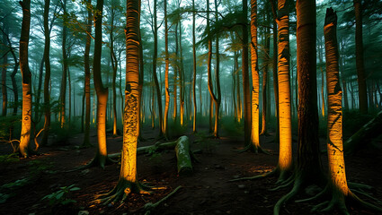 Enchanted Forest Glowing Trees in Mystical Fog