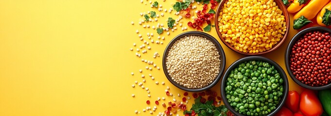 Vibrant yellow background with text space, showcasing colorful vegetables and a bowl of red peppers on the right, with a wooden spoon. The left side features fresh carrots, green leaves, 
